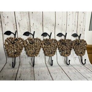 Metal Rattan Wrapped Apple Key Hook Wall Rack Farmhouse Decor